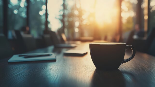 A single cup of coffee sits on a table in a sunlit cafe, blurred figures and notebooks in the background. Perfect for themes of relaxation, work, and morning routines.