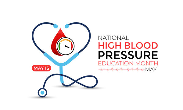 Vector art for National High Blood Pressure Education Month, promoting heart health and awareness. Hypertension is a medical condition characterized by elevated blood pressure levels. Banner poster.