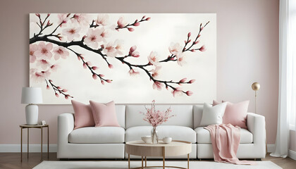 Elegant Cherry Blossom Floral Wall Art in Modern Living Room Design