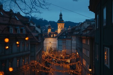 Graz city streets advent Christmas decorations by night. Shot between Christmas lights