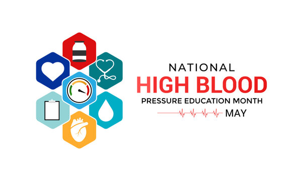 Vector art for National High Blood Pressure Education Month, promoting heart health and awareness. Hypertension is a medical condition characterized by elevated blood pressure levels. Banner poster.