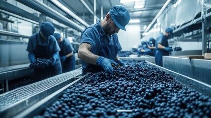 Workers Sorting Fresh Blueberries in a Food Processing Facility
