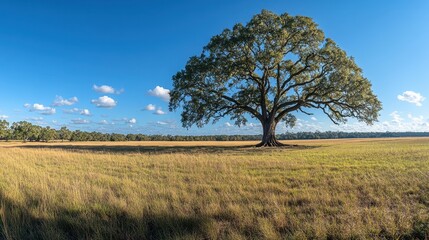Fototapeta premium Majestic oak tree stands solitary in vast field of golden grass under bright blue sky with scattered clouds creating serene landscape