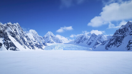 breathtaking view of glacier surrounded by majestic snow capped mountains under clear blue sky