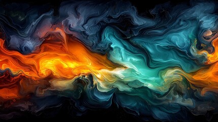 Abstract Fluid Art Background Orange, Teal, and Blue Smoke, Swirls, & Vapor on Black - Artistic Design.
