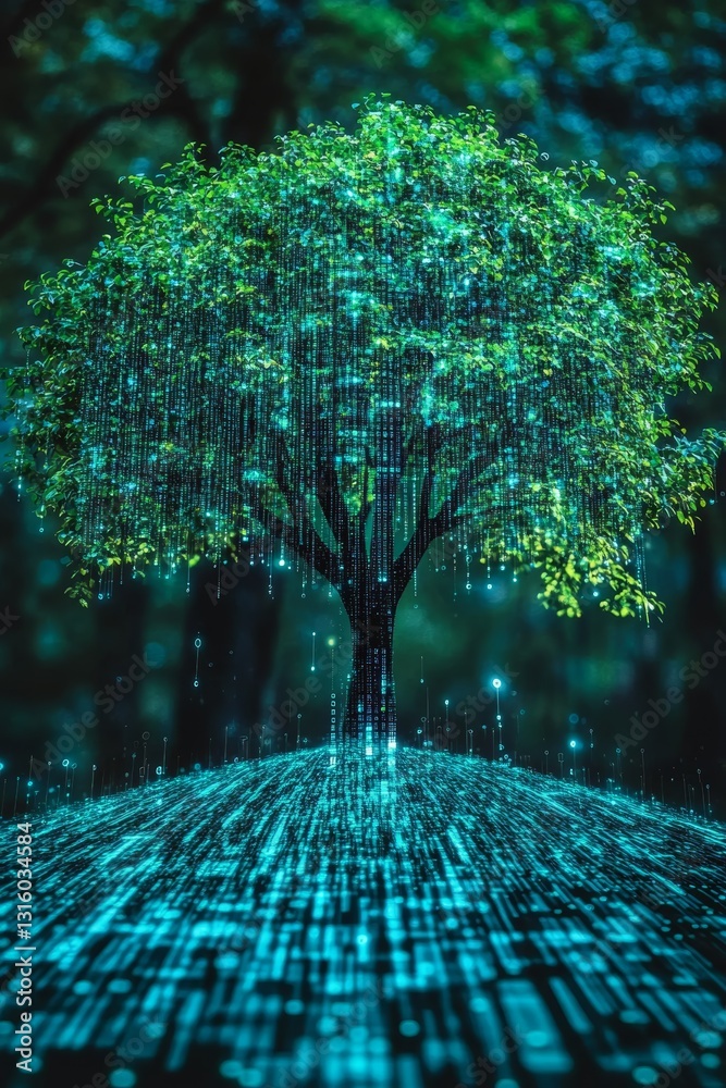 Poster futuristic digital tree with glowing binary code in nature scene