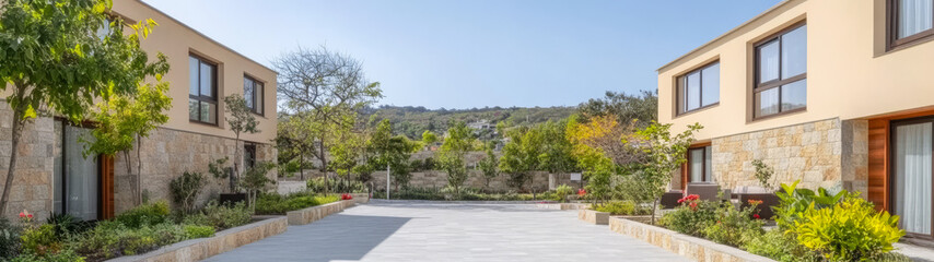 Fototapeta premium Beautiful courtyard featuring modern architecture and lush landscaping in a serene location