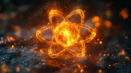 Sci-fi inspired golden atom graphic with vibrant lighting and space elements