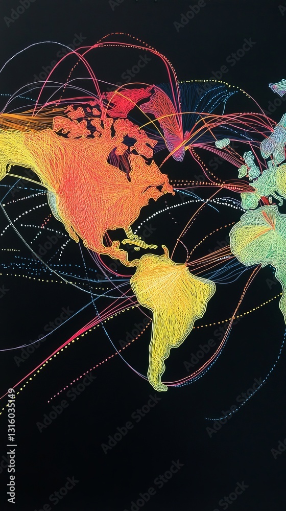 Poster a colorful globe with many lines and dots on it. the globe is a representation of the world and the 