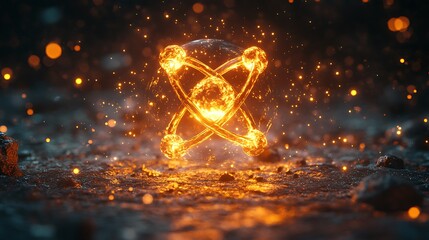 Sci-fi inspired golden atom graphic with vibrant lighting and space elements