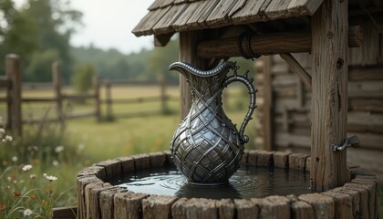 Obraz premium Ornate Metal Pitcher by Rustic Wooden Well in Pastoral Setting