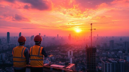 Fototapeta premium Two construction workers watch sunset over cityscape. Image ideal for construction, engineering, and urban development projects.