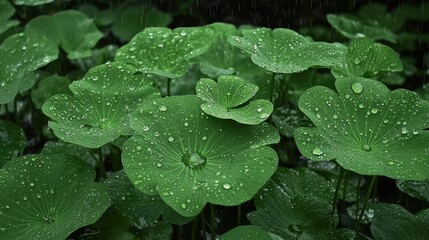Close-up of Fresh Green Leaves with Raindrops in a Lush Tropical Setting Evoking Serenity and Vibrancy of Nature During a Rainy Day