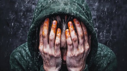 Obraz premium Despair Anxiety Depression Person in Hood Rain Stress Emotional Breakdown