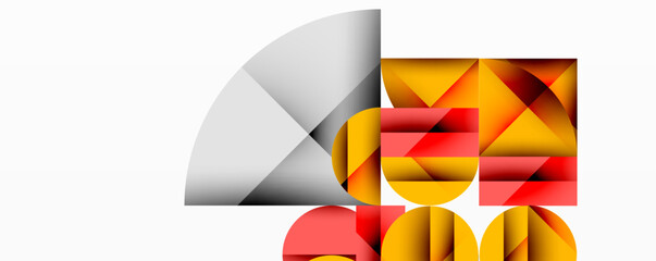 Modern abstract composition with layered circles and angular segments featuring gradients, transparency effects, and a structured geometric layout