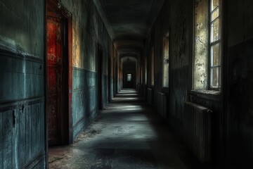 This haunting image captures a long, dimly lit corridor in a neglected building. The peeling paint, shadows, and eerie silence evoke feelings of mystery and abandonment.