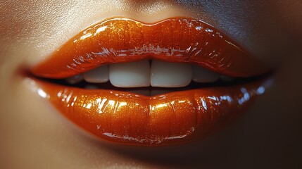 Close-up of glossy orange lips, healthy white teeth, beauty, cosmetics, sensuality, makeup, fashion, vibrant.