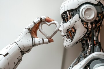 Fototapeta premium A robot's hand and a human's hand unite to create a heart-shaped love symbol