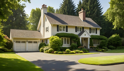 Charming suburban house with lush green landscape under blue sky