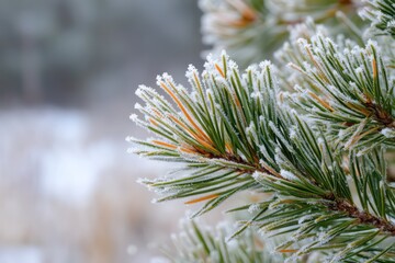 The contrast of dark green pine needles against the pure white frost.