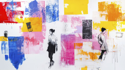 Fototapeta premium vibrant abstract artwork featuring two figures against colorful background of pink, yellow, blue, and red