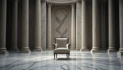 Elegant Armchair in Grand Marble Hallway with Classical Columns