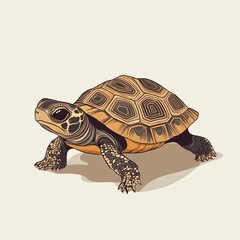 Obraz premium A turtle is standing on a white background. The turtle is small and brown. The turtle is looking at the camera