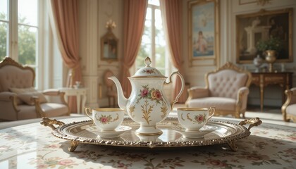 Fototapeta premium Elegant Tea Set on Ornate Tray in Luxurious Room Floral Teapot and Cups