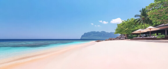 Naklejka premium Beachfront paradise with calm waters and tropical scenery under clear blue sky