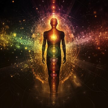 Energy Body: A silhouette figure radiating light depicting chakras and cosmic energy flow in vibrant colors against a starlit background