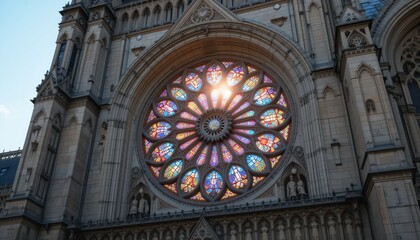 Obraz premium Majestic Church Rose Window Sunlight Architecture Detail Exterior