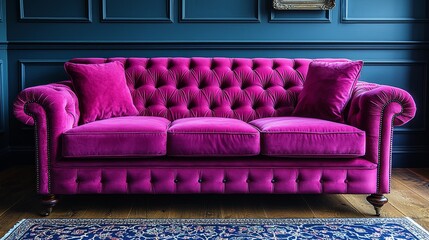 Luxurious Magenta Velvet Chesterfield Sofa in Elegant Room with Blue Walls & Patterned Rug.