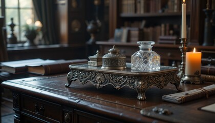 Fototapeta premium Antique Inkwell Set on Ornate Tray with Crystal Decanter and Candles on Wooden Desk