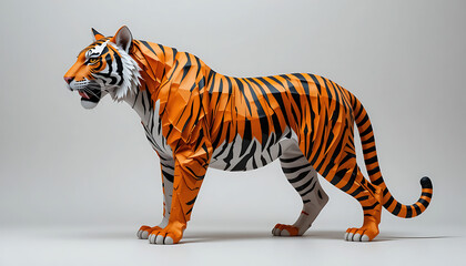 Stunning Low-Poly Tiger Sculpture: 3D Render of Majestic Bengal Cat