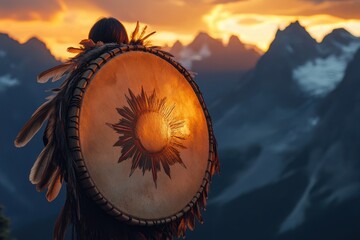 Shamanic drum sunset mountains ceremony
