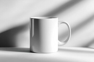 Obraz premium High-quality glossy white ceramic mug mockup set against a neutral background with soft natural shadows. Ideal for branding, logo designs, and product showcases