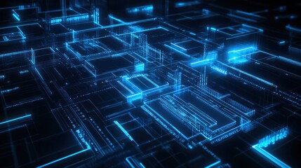 Obraz premium Abstract Digital Network Glowing Blue Blocks Data Stream