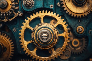 Detailed Close Up of Vintage Gears and Cogs in a Complex Mechanical System with a Steampunk Aesthetic