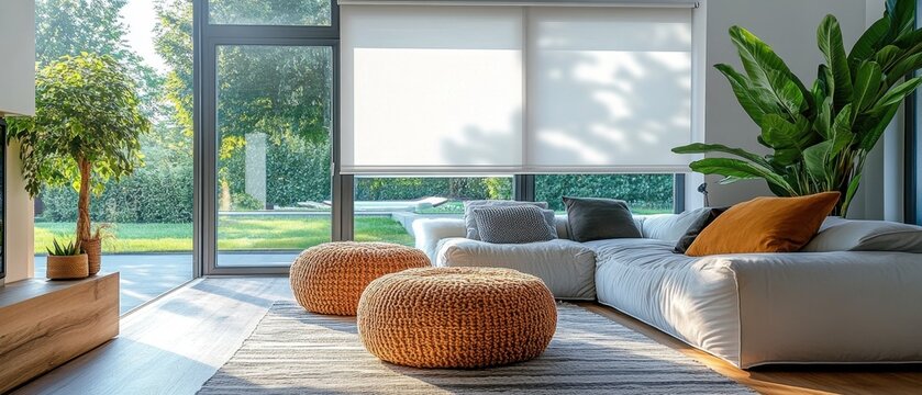 Bright Living Room with Modern Sofa Poufs and Natural Light Streaming Through Large Windows Creates a Serene Indoor Ambiance
