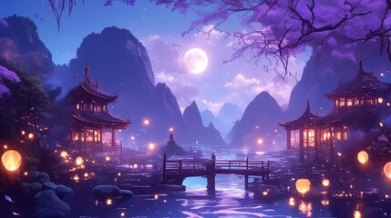 Fototapeta premium Serene Night in a Fantasy Asian Landscape with Illuminated Temples and Moonlit Bridge