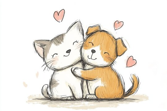 A cat and a dog are hugging each other with hearts on their chests. Concept of love and affection between the two animals