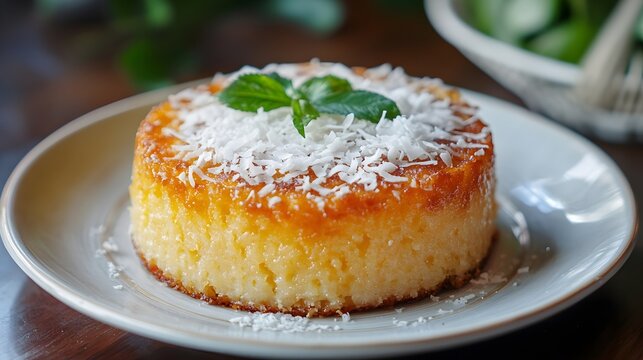 Plate of banh khoai mi nuong cassava cake. Vietnamese cuisine