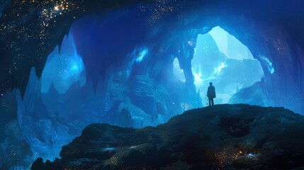 Obraz premium Solitary Figure Contemplating a Glowing Crystal Cave