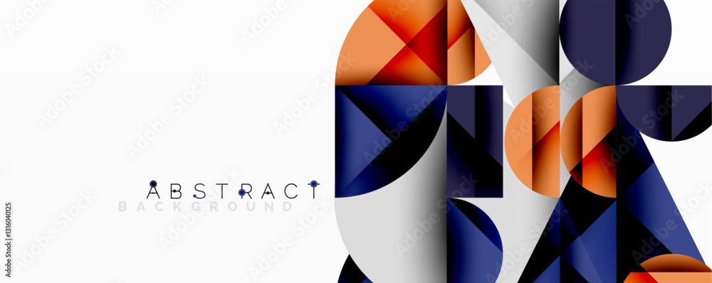 Poster Abstract geometric design with intersecting circles, triangles, squares and sharp angles creating a layered composition with gradients, depth, and contrast