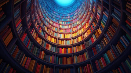 stunning view of circular library filled with colorful books, creating mesmerizing atmosphere