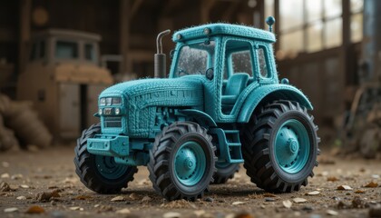 Fototapeta premium Turquoise Tractor Model in Rustic Setting Detailed Agricultural Machine