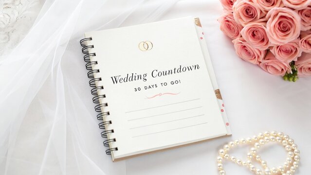Wedding planner with pink roses and pearls on a white background. - Powered by Adobe