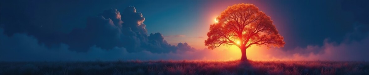 An abstract aura surrounds a glowing tree in a moonlit meadow, natural, aura