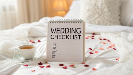 Wedding checklist on a bed with coffee and rose petals scattered around.