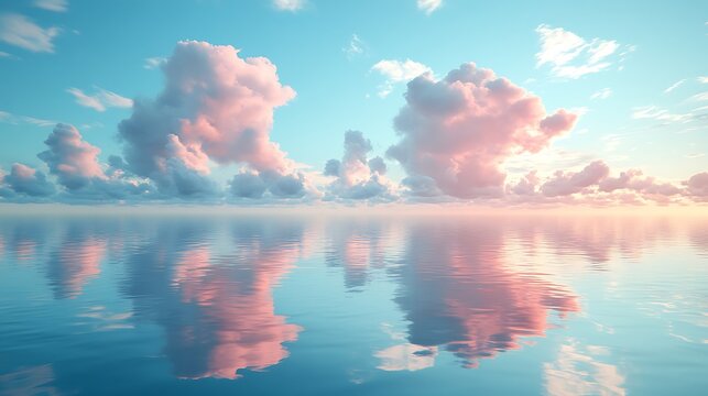 Wispy pastel clouds floating upward from calm reflective water beneath a clear blue sky